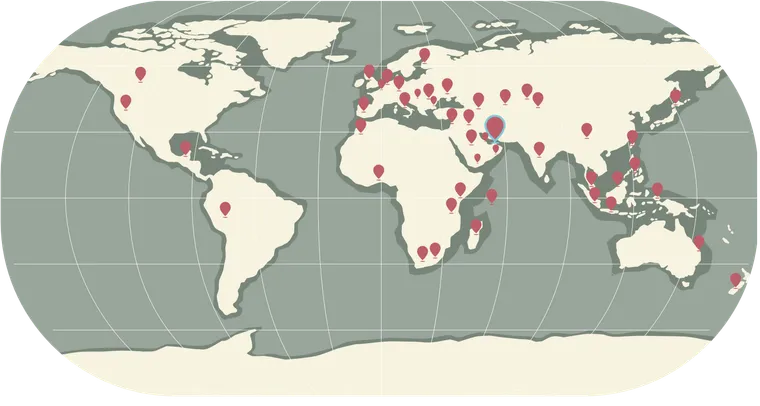 World map of BioConserve project locations, centred on the Middle East